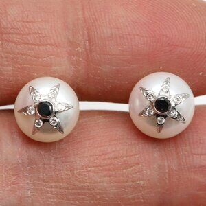 18k Pearl Studs Black Diamonds White Diamonds Star Earring Studs 18k White Gold